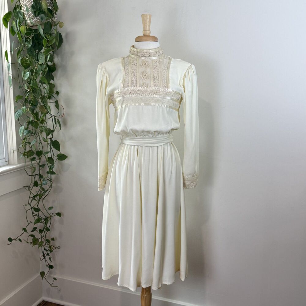Vintage 1970s Ivory Lace Prairie Midi Dress | High Neck, Bridal Wedding
